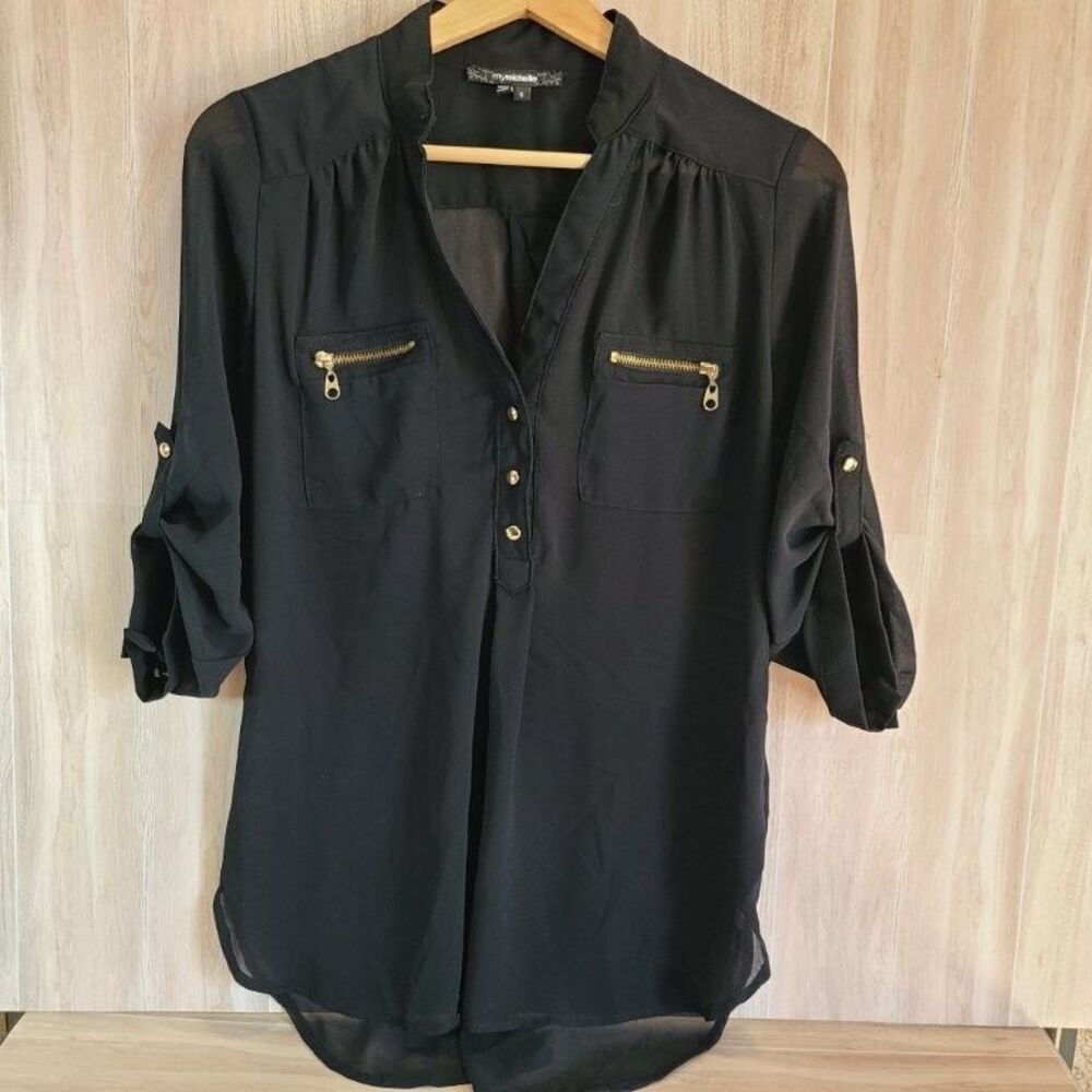 MyMichelle Black Sheer Blouse S Gold Zipper Roll Tab Sleeve V Neck High Low Top